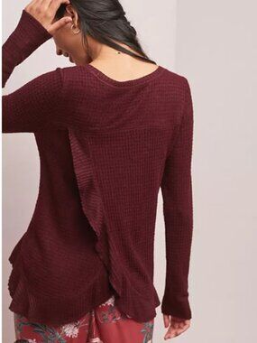 Anthropologie Saturday Sunday Burgundy Open Back Light Waffle Knit Sweater